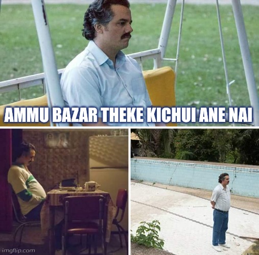 Sad Pablo Escobar | AMMU BAZAR THEKE KICHUI ANE NAI | image tagged in memes,sad pablo escobar | made w/ Imgflip meme maker