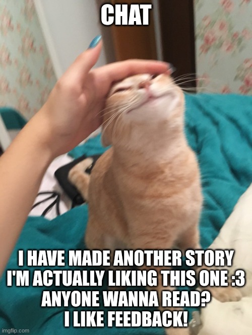 Feedback plz | CHAT; I HAVE MADE ANOTHER STORY
I'M ACTUALLY LIKING THIS ONE :3
ANYONE WANNA READ?
I LIKE FEEDBACK! | image tagged in cat pat | made w/ Imgflip meme maker