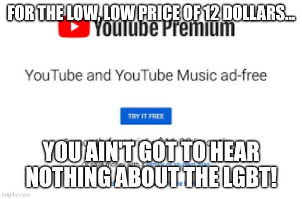 As someone who deviates from the sexual norm, EVEN I'M TIRED OF PRIDE MONTH | FOR THE LOW, LOW PRICE OF 12 DOLLARS... YOU AIN'T GOT TO HEAR NOTHING ABOUT THE LGBT! | image tagged in youtube premium | made w/ Imgflip meme maker