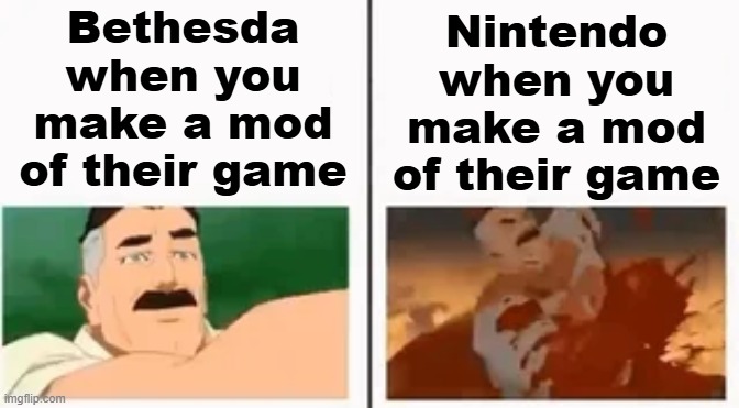 Bethesda when you make a mod of their game; Nintendo when you make a mod of their game | made w/ Imgflip meme maker