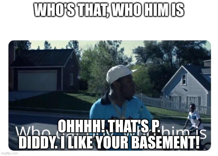 pov when Tyler the creator Sees p.diddy | WHO'S THAT, WHO HIM IS; OHHHH! THAT'S P. DIDDY. I LIKE YOUR BASEMENT! | image tagged in tyler the creator - who dat boy,p diddy | made w/ Imgflip meme maker