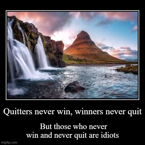 Quitters never win, winners never quit | But those who never win and never quit are idiots | image tagged in funny,demotivationals | made w/ Imgflip demotivational maker