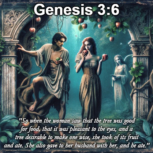 Sin entered through man. Eve ate the fruit and handed it to Adam and he ate. That is when sin entered. | Genesis 3:6; "So when the woman saw that the tree was good for food, that it was pleasant to the eyes, and a tree desirable to make one wise, she took of its fruit and ate. She also gave to her husband with her, and he ate." | image tagged in christiansonly,adam eve,sin,garden of eden,mankind,god | made w/ Imgflip meme maker