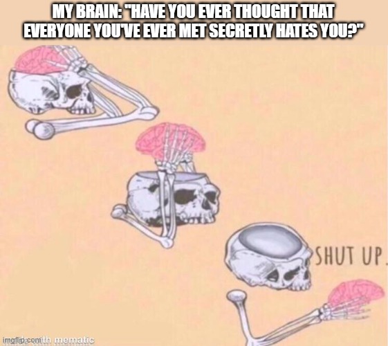 skeleton shut up meme | MY BRAIN: "HAVE YOU EVER THOUGHT THAT EVERYONE YOU'VE EVER MET SECRETLY HATES YOU?" | image tagged in skeleton shut up meme,memes,anxiety | made w/ Imgflip meme maker