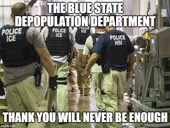Thank you for your service | THE BLUE STATE DEPOPULATION DEPARTMENT; THANK YOU WILL NEVER BE ENOUGH | image tagged in ice raid,deportation,secure the border,deport democrats,illegal immigration,thank you for your service | made w/ Imgflip meme maker