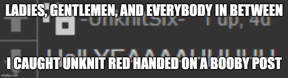 Memechat if you want the link cuz I'm not publicly posting the link to boobs | LADIES, GENTLEMEN, AND EVERYBODY IN BETWEEN; I CAUGHT UNKNIT RED HANDED ON A BOOBY POST | made w/ Imgflip meme maker