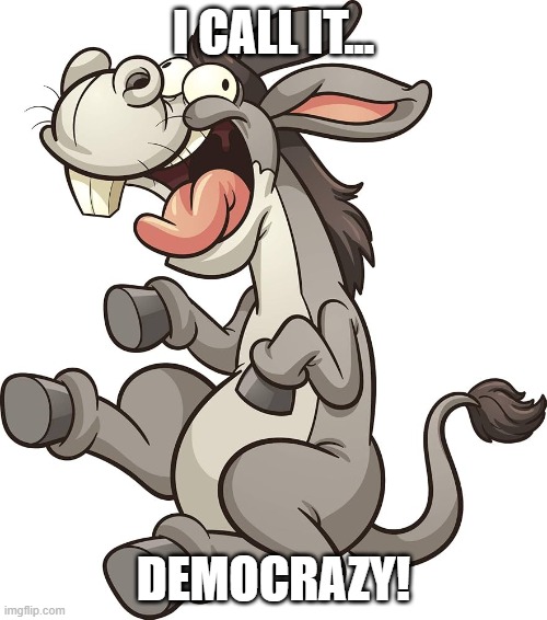 I CALL IT... DEMOCRAZY! | image tagged in democracy,crazy,donkey,funny,cartoon,memes | made w/ Imgflip meme maker