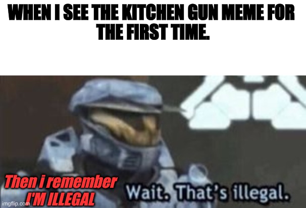 wait. that's illegal | WHEN I SEE THE KITCHEN GUN MEME FOR 
THE FIRST TIME. Then i remember I'M ILLEGAL | image tagged in wait that's illegal | made w/ Imgflip meme maker