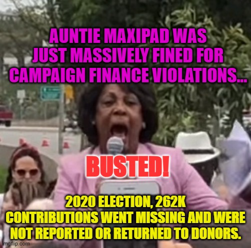 Maxine Waters | AUNTIE MAXIPAD WAS JUST MASSIVELY FINED FOR CAMPAIGN FINANCE VIOLATIONS... BUSTED! 2020 ELECTION, 262K CONTRIBUTIONS WENT MISSING AND WERE NOT REPORTED OR RETURNED TO DONORS. | image tagged in maxine waters | made w/ Imgflip meme maker