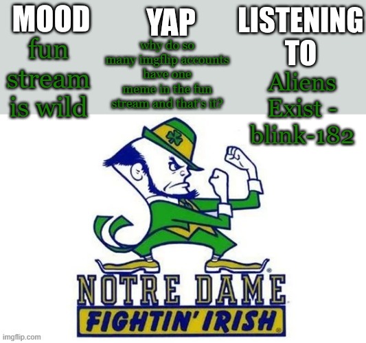 back on | why do so many imgflip accounts have one meme in the fun stream and that's it? fun stream is wild; Aliens Exist - blink-182 | image tagged in notre_dame_fan102's second announcement temp | made w/ Imgflip meme maker