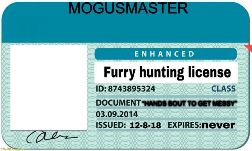 furry hunting license | MOGUSMASTER; “HANDS BOUT TO GET MESSY” | image tagged in furry hunting license,relatable,funny | made w/ Imgflip meme maker