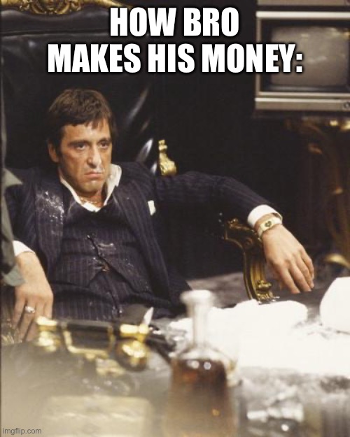 SCARFACE | HOW BRO MAKES HIS MONEY: | image tagged in scarface | made w/ Imgflip meme maker