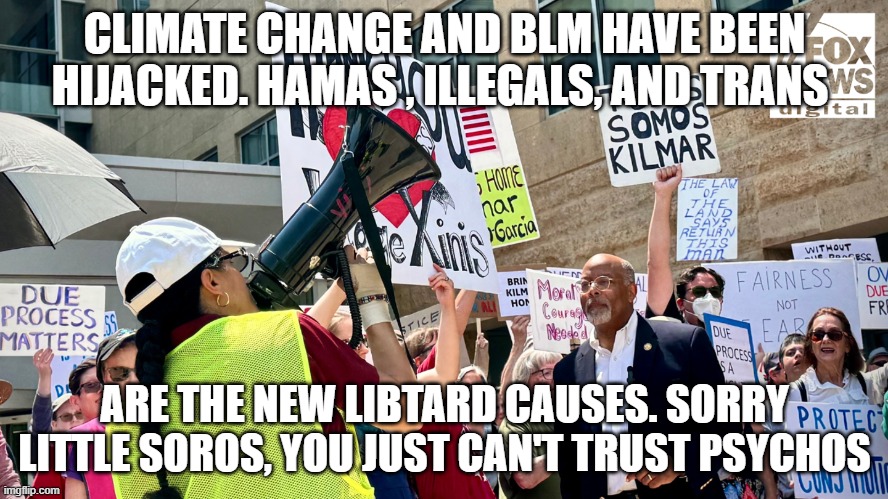 Little Soros, Hijacked | CLIMATE CHANGE AND BLM HAVE BEEN HIJACKED. HAMAS , ILLEGALS, AND TRANS; ARE THE NEW LIBTARD CAUSES. SORRY LITTLE SOROS, YOU JUST CAN'T TRUST PSYCHOS | image tagged in little soros hijacked | made w/ Imgflip meme maker