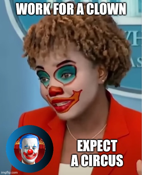 Clown Karine | WORK FOR A CLOWN EXPECT A CIRCUS | image tagged in clown karine | made w/ Imgflip meme maker