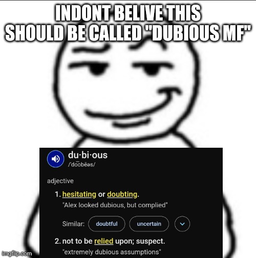 Dubious mf | INDONT BELIVE THIS SHOULD BE CALLED "DUBIOUS MF" | image tagged in dubious mf | made w/ Imgflip meme maker