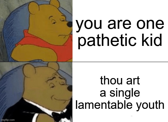 Tuxedo Winnie The Pooh | you are one pathetic kid; thou art a single lamentable youth | image tagged in memes,tuxedo winnie the pooh | made w/ Imgflip meme maker