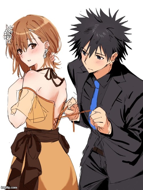 Touma dresses Mikoto | image tagged in toaru,anime,a certain magical index | made w/ Imgflip meme maker