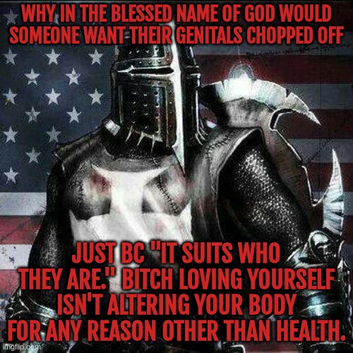 Fuck it. I'm tired of ts. Further rant in a second. | WHY IN THE BLESSED NAME OF GOD WOULD SOMEONE WANT THEIR GENITALS CHOPPED OFF; JUST BC "IT SUITS WHO THEY ARE." BITCH LOVING YOURSELF ISN'T ALTERING YOUR BODY FOR ANY REASON OTHER THAN HEALTH. | image tagged in mrrican crusader knight guy | made w/ Imgflip meme maker