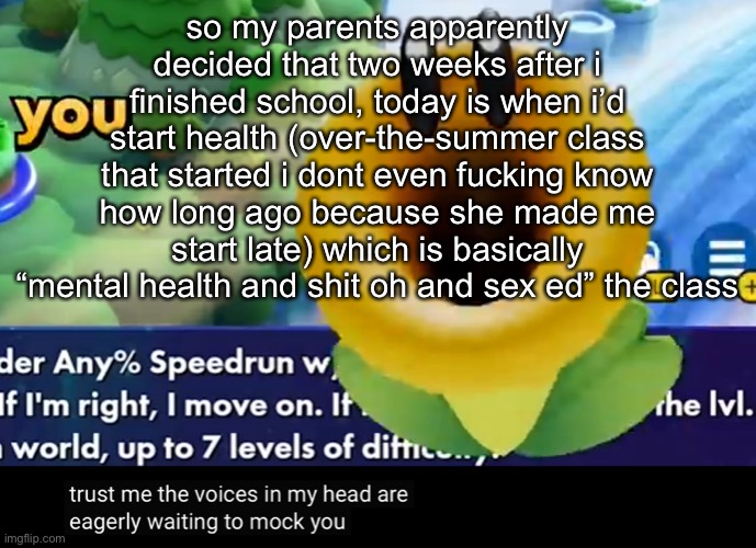 trust me the voices in my head are eagerly waiting to mock you | so my parents apparently decided that two weeks after i finished school, today is when i’d start health (over-the-summer class that started i dont even fucking know how long ago because she made me start late) which is basically “mental health and shit oh and sex ed” the class | image tagged in trust me the voices in my head are eagerly waiting to mock you | made w/ Imgflip meme maker