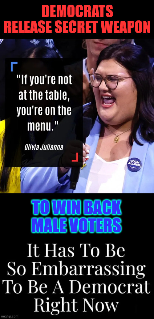 It has to be so embarrassing to be a dem right now... Even KJP has left the party. | DEMOCRATS RELEASE SECRET WEAPON; TO WIN BACK MALE VOTERS | image tagged in embarrassing,to be a dem,kjp has left the dem party | made w/ Imgflip meme maker