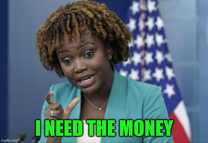 Press Secretary Karine Jean-Pierre | I NEED THE MONEY | image tagged in press secretary karine jean-pierre | made w/ Imgflip meme maker