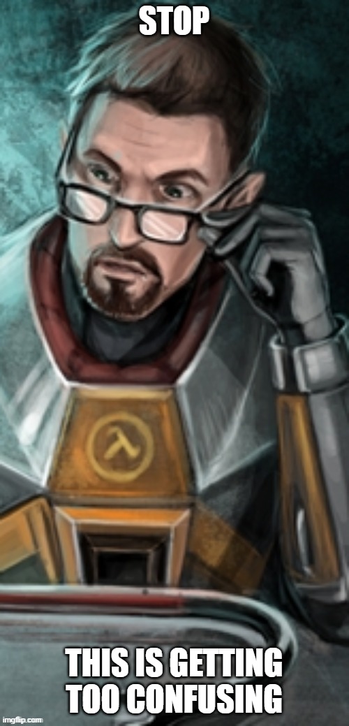 tf gordon freeman | STOP THIS IS GETTING TOO CONFUSING | image tagged in tf gordon freeman | made w/ Imgflip meme maker