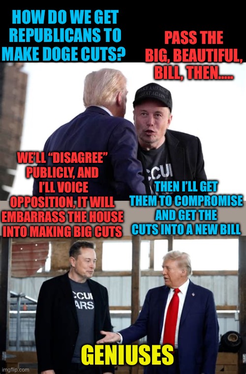 Art of the Deal, What’s really going on | HOW DO WE GET REPUBLICANS TO MAKE DOGE CUTS? PASS THE BIG, BEAUTIFUL, BILL, THEN….. WE’LL “DISAGREE” PUBLICLY, AND  I’LL VOICE OPPOSITION, IT WILL EMBARRASS THE HOUSE INTO MAKING BIG CUTS; THEN I’LL GET THEM TO COMPROMISE AND GET THE CUTS INTO A NEW BILL; GENIUSES | image tagged in gifs,president trump,genius,elon musk,chess doge | made w/ Imgflip meme maker