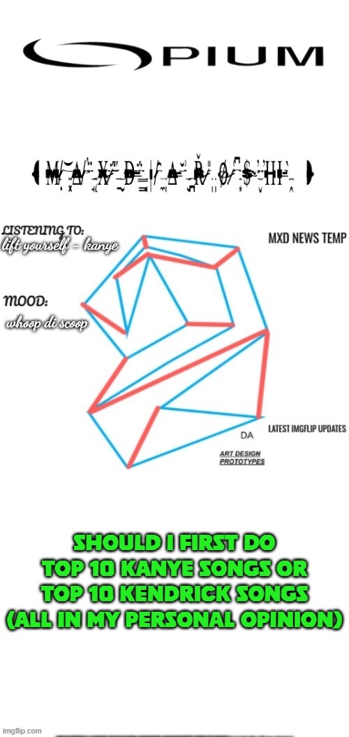 MAXDIAROSH 2025 TEMP MUSIC | lift yourself - kanye; whoop di scoop; SHOULD I FIRST DO TOP 10 KANYE SONGS OR TOP 10 KENDRICK SONGS (ALL IN MY PERSONAL OPINION) | image tagged in maxdiarosh 2025 temp music | made w/ Imgflip meme maker