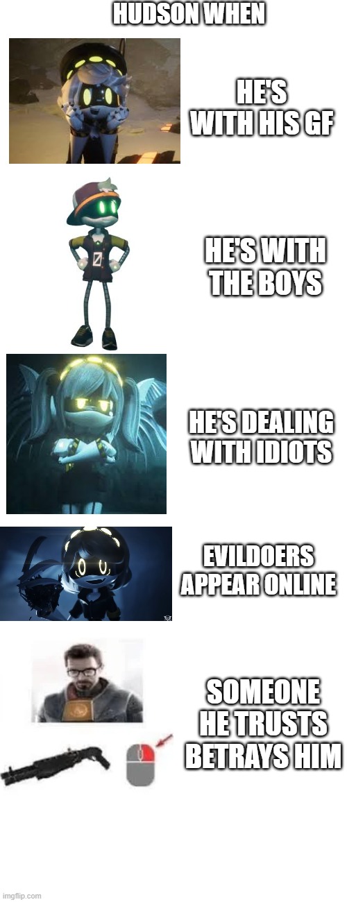 Someone confirm this | HUDSON WHEN; HE'S WITH HIS GF; HE'S WITH THE BOYS; HE'S DEALING WITH IDIOTS; EVILDOERS APPEAR ONLINE; SOMEONE HE TRUSTS BETRAYS HIM | image tagged in me when | made w/ Imgflip meme maker