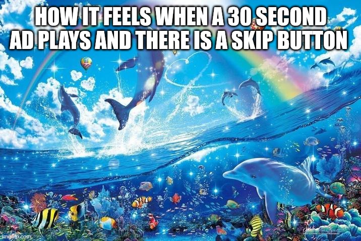 Happy dolphin rainbow | HOW IT FEELS WHEN A 30 SECOND AD PLAYS AND THERE IS A SKIP BUTTON | image tagged in happy dolphin rainbow | made w/ Imgflip meme maker