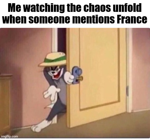 See, Not a Slur | Me watching the chaos unfold when someone mentions France | image tagged in tom sneaking in a room,france | made w/ Imgflip meme maker