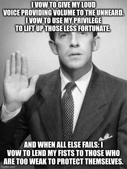 I vow.... | I VOW TO GIVE MY LOUD VOICE PROVIDING VOLUME TO THE UNHEARD.
I VOW TO USE MY PRIVILEGE TO LIFT UP THOSE LESS FORTUNATE. AND WHEN ALL ELSE FAILS: I VOW TO LEND MY FISTS TO THOSE WHO ARE TOO WEAK TO PROTECT THEMSELVES. | image tagged in i promise | made w/ Imgflip meme maker