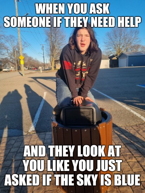 Well. . . | WHEN YOU ASK SOMEONE IF THEY NEED HELP; AND THEY LOOK AT YOU LIKE YOU JUST ASKED IF THE SKY IS BLUE | image tagged in hahaha | made w/ Imgflip meme maker