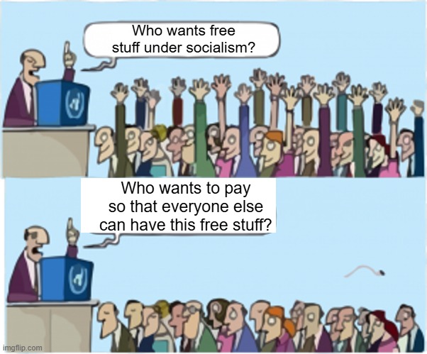 Over fifty percent of Democrats now identify as socialists. | Who wants free stuff under socialism? Who wants to pay so that everyone else can have this free stuff? | image tagged in who wants change | made w/ Imgflip meme maker