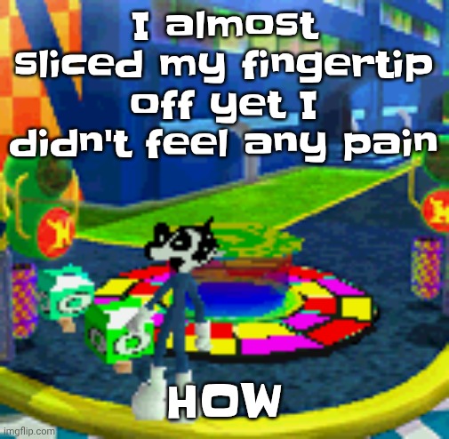 WHOAG | I almost sliced my fingertip off yet I didn't feel any pain; HOW | image tagged in whoag | made w/ Imgflip meme maker
