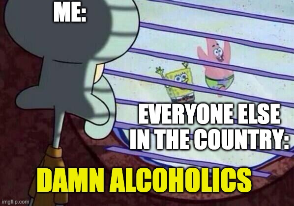 my minds POV when watching the news | ME:; EVERYONE ELSE IN THE COUNTRY:; DAMN ALCOHOLICS | image tagged in squidward window | made w/ Imgflip meme maker