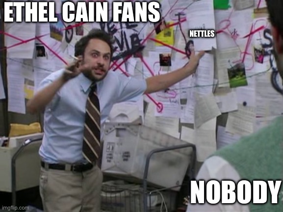 Ethel Cain fans be like | ETHEL CAIN FANS; NETTLES; NOBODY | image tagged in charlie day,ethel cain,nettles | made w/ Imgflip meme maker