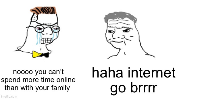 nooo haha go brrr | noooo you can’t spend more time online than with your family haha internet go brrrr | image tagged in nooo haha go brrr | made w/ Imgflip meme maker