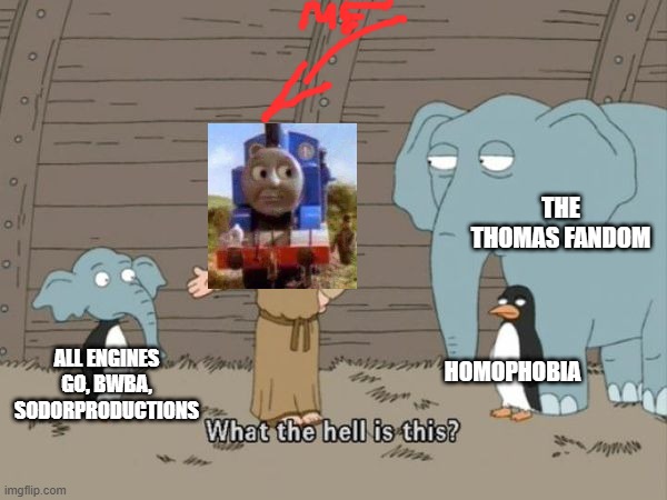 What the hell is this? | THE THOMAS FANDOM; HOMOPHOBIA; ALL ENGINES GO, BWBA, SODORPRODUCTIONS | image tagged in what the hell is this | made w/ Imgflip meme maker