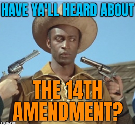 Have Ya'll Heard About The 14th Amendment? | HAVE YA'LL HEARD ABOUT; THE 14TH
AMENDMENT? | image tagged in new sheriff in town,first amendment,american civil war,slavery,no racism,constitution | made w/ Imgflip meme maker
