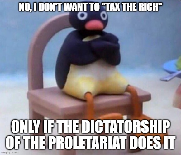 Against activism, toward revolutionary class struggle! | NO, I DON'T WANT TO "TAX THE RICH"; ONLY IF THE DICTATORSHIP OF THE PROLETARIAT DOES IT | image tagged in noot noot,marxism,socialism,communism,liberal logic,ultraleft | made w/ Imgflip meme maker