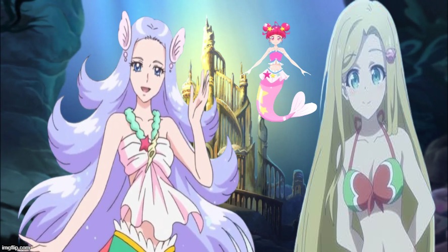 a precure mermaid crossover | image tagged in precure,anime,mermaid crossover,crossover memes,the little mermaid,atlantis | made w/ Imgflip meme maker