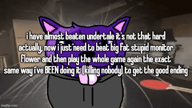 i already spoiled everything for myself years ago | i have almost beaten undertale it's not that hard actually, now i just need to beat big fat stupid monitor flower and then play the whole game again the exact same way i've BEEN doing it (killing nobody) to get the good ending | image tagged in tge silly | made w/ Imgflip meme maker
