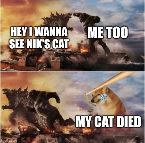 Kong Godzilla Doge | ME TOO; HEY I WANNA SEE NIK'S CAT; MY CAT DIED | image tagged in kong godzilla doge,cat | made w/ Imgflip meme maker