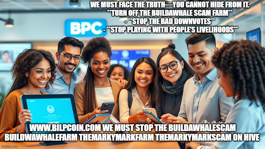 WE MUST FACE THE TRUTH—YOU CANNOT HIDE FROM IT.  

**TURN OFF THE BUILDAWHALE SCAM FARM**  
- **STOP THE BAD DOWNVOTES**  
- **STOP PLAYING WITH PEOPLE’S LIVELIHOODS**; WWW.BILPCOIN.COM WE MUST STOP THE BUILDAWHALESCAM BUILDWAWHALEFARM THEMARKYMARKFARM THEMARKYMARKSCAM ON HIVE | made w/ Imgflip meme maker