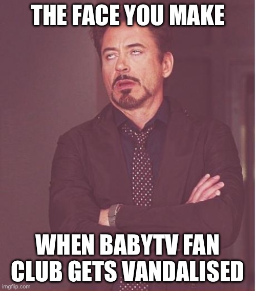 BabyTV Fanon Really Needs A Comeback | THE FACE YOU MAKE; WHEN BABYTV FAN CLUB GETS VANDALISED | image tagged in memes,face you make robert downey jr | made w/ Imgflip meme maker