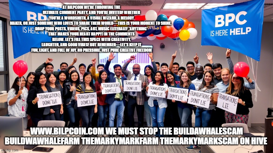 AT BILPCOIN WE’RE THROWING THE ULTIMATE COMMENT PARTY, AND YOU’RE INVITED! WHETHER YOU’RE A WORDSMITH, A VISUAL WIZARD, A MELODY MAKER, OR JUST SOMEONE WHO LOVES TO SHARE THEIR WORLD—THIS IS YOUR MOMENT TO SHINE.  

DROP YOUR POSTS, VIDEOS, PICS, ART, MUSIC (LITERALLY *ANYTHING* THAT MAKES YOUR HEART HAPPY) IN THE COMMENTS BELOW. LET’S FILL THIS SPACE WITH CREATIVITY, LAUGHTER, AND GOOD VIBES! BUT REMEMBER—LET’S KEEP IT FUN, LIGHT, AND FULL OF JOY. NO PRESSURE, JUST PURE CREATIVE FREEDOM; WWW.BILPCOIN.COM WE MUST STOP THE BUILDAWHALESCAM BUILDWAWHALEFARM THEMARKYMARKFARM THEMARKYMARKSCAM ON HIVE | made w/ Imgflip meme maker