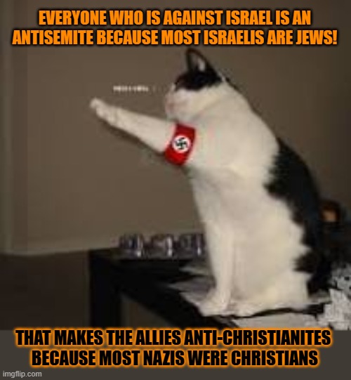 This #lolcat wonders if opposing a country's leaders is against that nations prime religion | EVERYONE WHO IS AGAINST ISRAEL IS AN ANTISEMITE BECAUSE MOST ISRAELIS ARE JEWS! THAT MAKES THE ALLIES ANTI-CHRISTIANITES 
BECAUSE MOST NAZIS WERE CHRISTIANS | image tagged in zionism,illogical,lolcat,religion,anti-religion | made w/ Imgflip meme maker