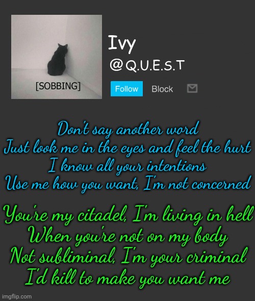 . | Don't say another word
Just look me in the eyes and feel the hurt
I know all your intentions
Use me how you want, I'm not concerned; You're my citadel, I'm living in hell
When you're not on my body
Not subliminal, I'm your criminal
I'd kill to make you want me | image tagged in ivy announcement template | made w/ Imgflip meme maker