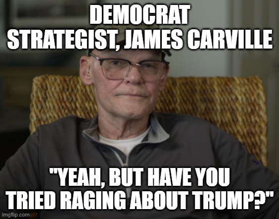 James Carville | DEMOCRAT STRATEGIST, JAMES CARVILLE "YEAH, BUT HAVE YOU TRIED RAGING ABOUT TRUMP?" | image tagged in james carville | made w/ Imgflip meme maker